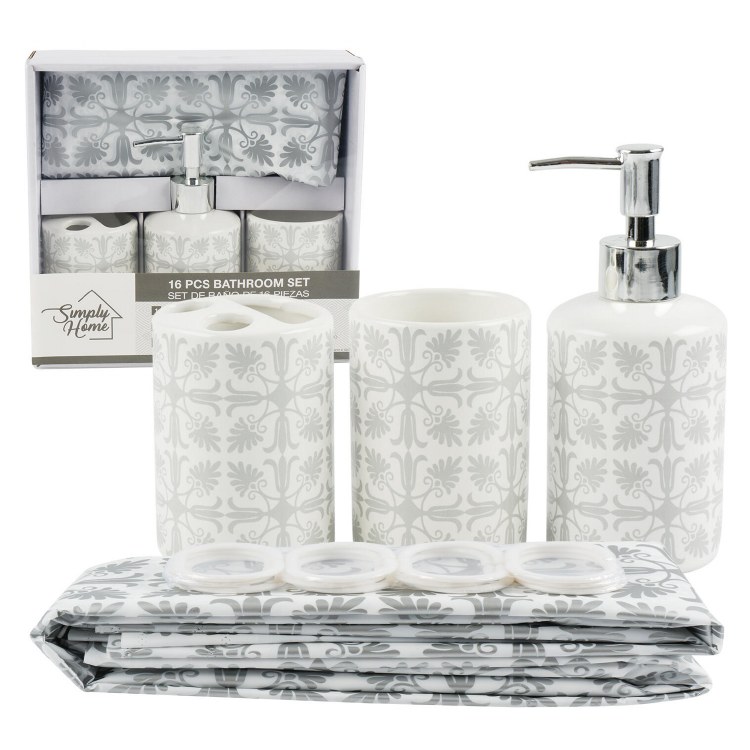 WHITE & GREY BATH SET-16 PIECE