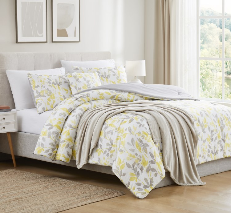 MIKAYLA COMFORTER SET W/THROW QUEEN-YLW