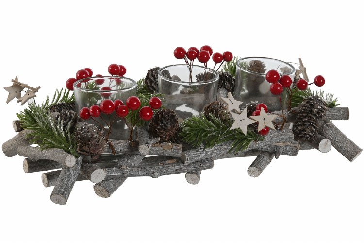 3 CANDLE GLASS HOLDER W/WOOD