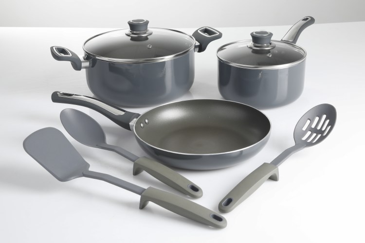 GREY COOKWARE SET WITH UTENSILS - 8 PIECE