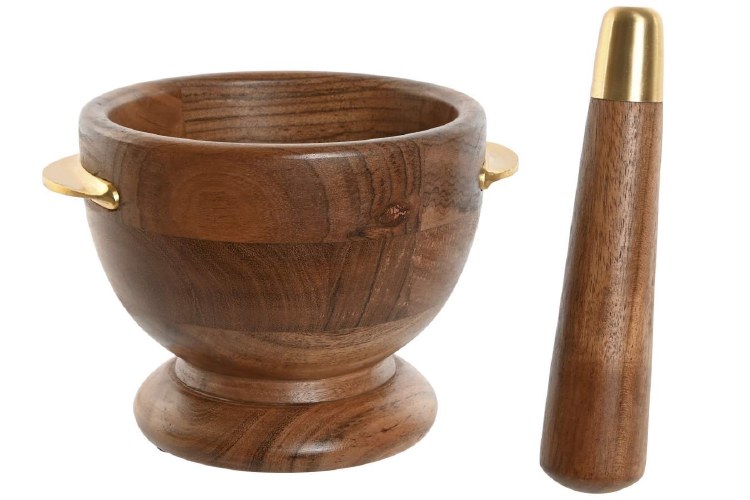 ACACIA MORTAR AND PESTLE WITH GOLD TRIM