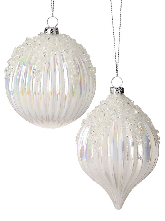 GROOVED IRIDESCENT ICE BALL ORNAMENTAL-WHITE 2ASST