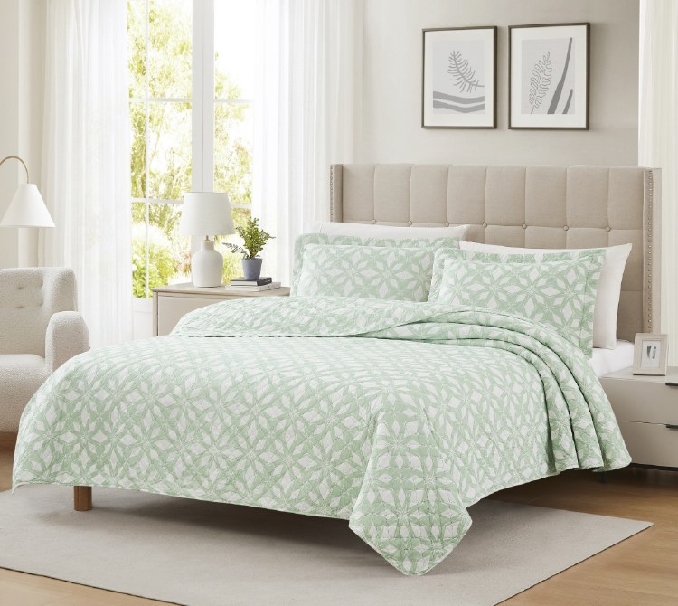 HUDSON STARLIGHT QUILT SET-KING-GREEN/WHITE