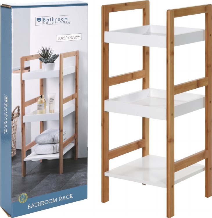 WHITE AND WOOD BAMBOO BATHROOM RACK WITH 3 SHELVES