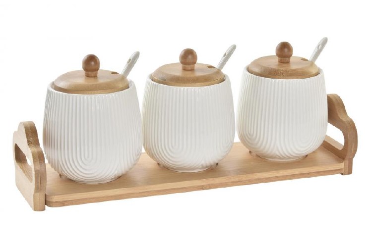 BAMBOO & PORCELAIN SERVING  SET 4PC