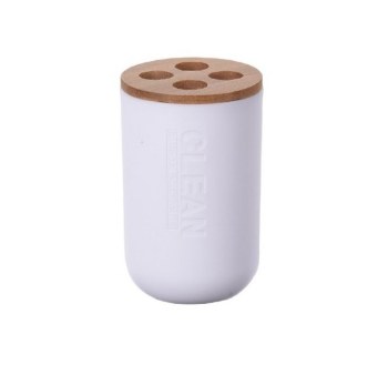 WHITE TOOTHBRUSH HOLDER W/BAMBOO COVER