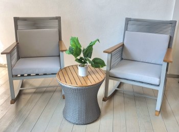 OUTDOOR GREY ROCKING CHAIR & TABLE 3 PIECE SET