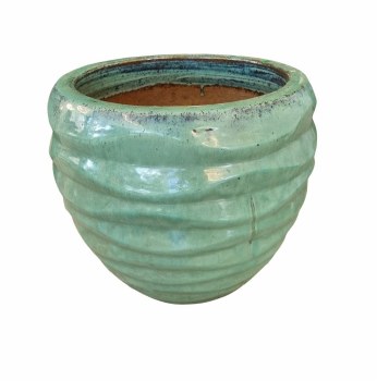 GREEN  GLAZED PLANTER W/LINES-LARGE