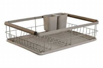 DISH DRAINER W/WOOD- GREY