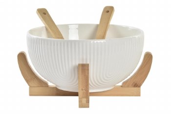 BAMBOO & PORCELAIN SALAD SET 4PC