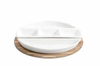 SERVING DISH W/WOOD BASE-SET/4