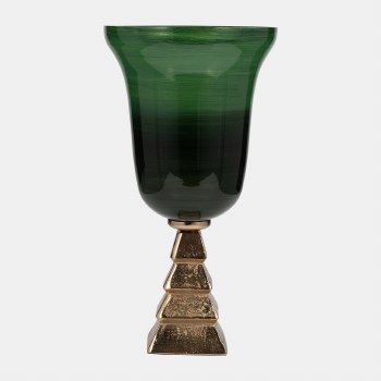 GREEN & GOLD GLASS VASE ON STAND-LARGE