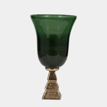 GREEN & GOLD GLASS VASE ON STAND- SMALL