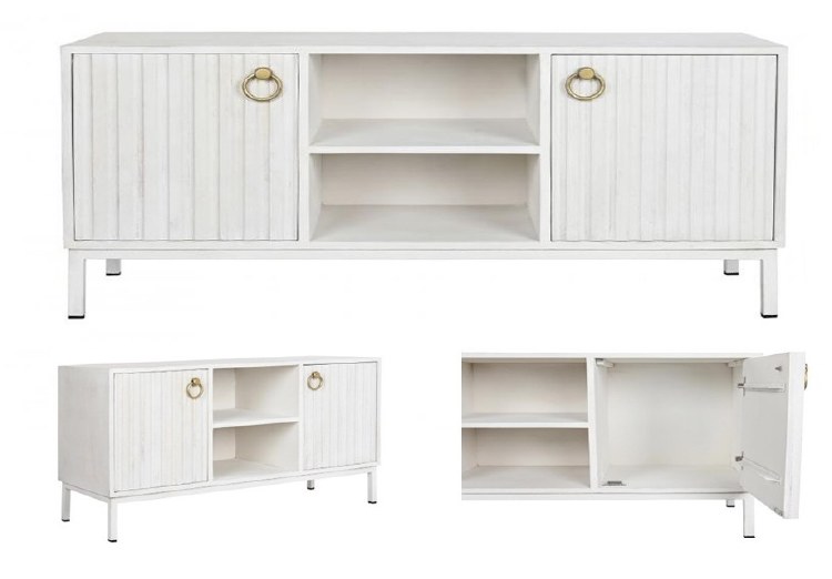 MANGO WOOD WHITE TV CABINET W/GOLD METAL HANDLES