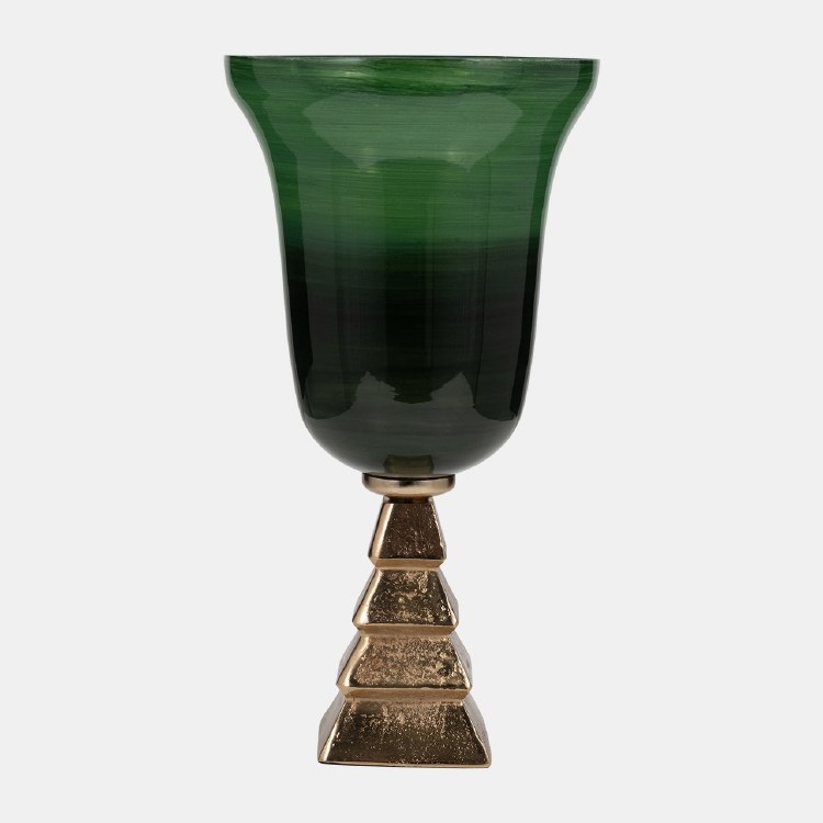 GREEN & GOLD GLASS VASE ON STAND-LARGE