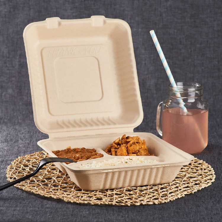 9''x9'' PFAS Free Compostable Bagasse Hinged Containers-Case