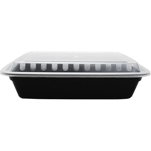 38 oz PP Plastic Microwavable Rectangular Food Containers & Lids, Black-Case