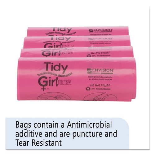 Feminine Hygiene Sanitary Disposal Bags, 4" x 4" x 10", Pink/Black-Case