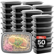 28 oz PP Plastic Microwavable Rectangular Food Containers & Lids, Black