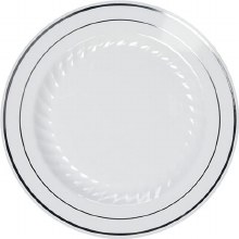 9IN ROUND PLATE, WHITE W SILVER FOIL RIM