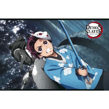 Demon Slayer Tanjiro and Urukodaki Blue Sword 36" x 24" Poster