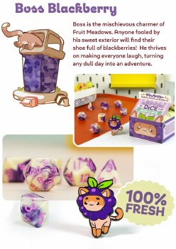 Fruit Meadows Milk Cartons Boss Blackberry Kawaii Cat Dice Set