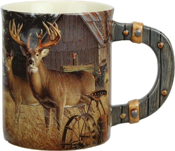 Rivers Edge Mug Deer Farm Scene Barnwood Handle 15oz