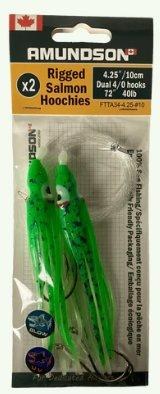 Amundson Rigged Salmon Hoochies 4.25" Dual 4/0 Hooks 40lb Green Splatter Back