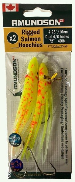 Amundson Rigged Salmon Hoochies 4.25" Dual 4/0 Hooks 40lb Chart/Orange Splatter Back
