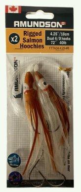 Amundson Rigged Salmon Hoochies 4.25" Dual 4/0 Hooks 40lb Brown Glow UV