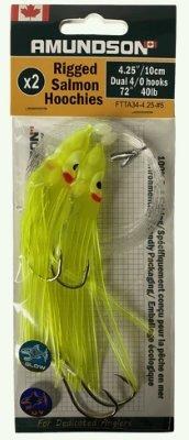 Amundson Rigged Salmon Hoochies 4.25" Dual 4/0 Hooks 40lb Yellow/Green Glow UV
