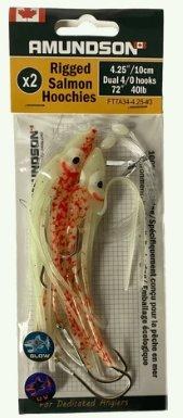 Amundson Rigged Salmon Hoochies 4.25" Dual 4/0 Hooks 40lb Yellow Splatter Red Back Glow UV