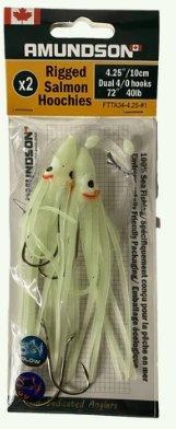 Amundson Rigged Salmon Hoochies 4.25" Dual 4/0 Hooks 40lb White Glow UV