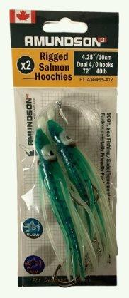 Amundson Rigged Salmon Hoochies 4.25" Dual 4/0 40lb Green Splatter Back Glow/UV