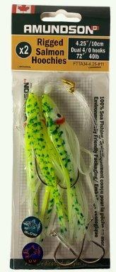 Amundson Rigged Salmon Hoochies 4.25" Dual 4/0 40lb Yellow Splatter Green Back Glow/UV