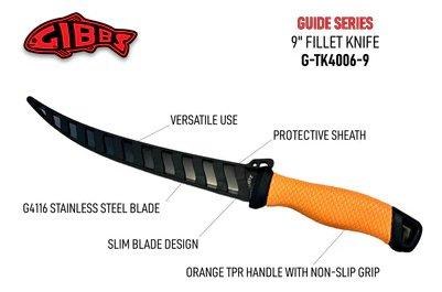 Gibbs Delta 9" Premium Stainless Steel Fillet Knife Orange Golf Non-Slip Grip