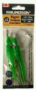 Amundson Rigged Salmon Hoochies 4.25" Dual 4/0 Hooks 40lb Green Splatter Back