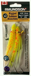 Amundson Rigged Salmon Hoochies 4.25" Dual 4/0 Hooks 40lb Chart/Orange Splatter Back