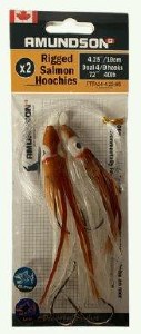 Amundson Rigged Salmon Hoochies 4.25" Dual 4/0 Hooks 40lb Brown Glow UV
