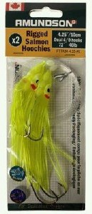 Amundson Rigged Salmon Hoochies 4.25" Dual 4/0 Hooks 40lb Yellow/Green Glow UV