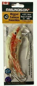 Amundson Rigged Salmon Hoochies 4.25" Dual 4/0 Hooks 40lb Yellow Splatter Red Back Glow UV