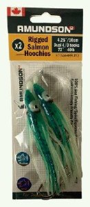 Amundson Rigged Salmon Hoochies 4.25" Dual 4/0 40lb Green Splatter Back Glow/UV