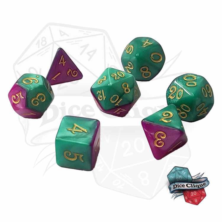 Purple-Green Layered Poly Dice Set