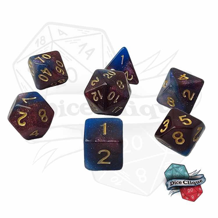 Blue-Red-Purple Glittery Swirl Poly Dice Set