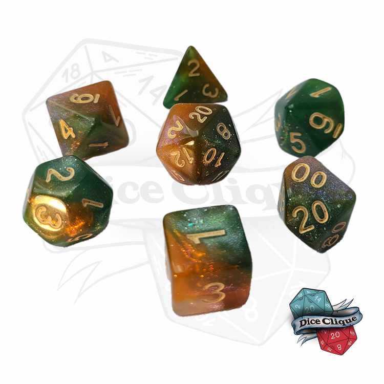 Green-Orange-White Glittery Swirl Poly Dice Set