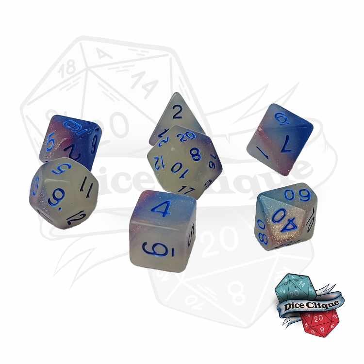 Purple-Blue-White Glittery Swirl Poly Dice Set