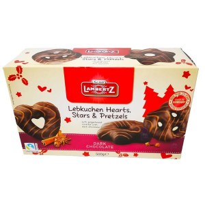 Lambertz Dark Chocolate Lebkuchen Hearts, Stars & Pretzels - 500g
