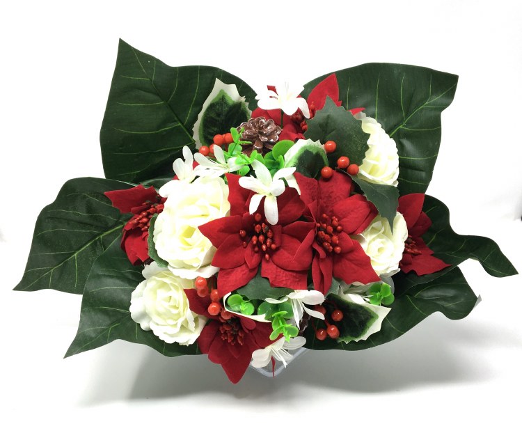 Xmas Bush w/Poinsettias/Rose/Holly