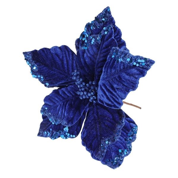 Xmas Velvet Poinsettia w Glitter Edge Royal Blue
