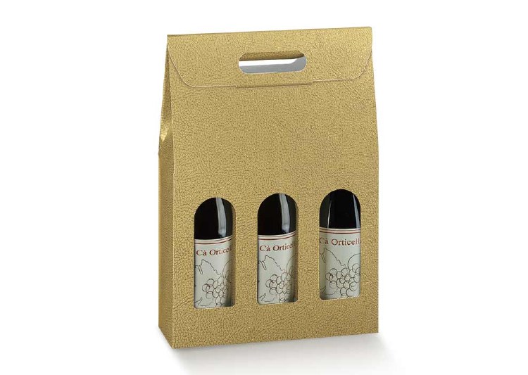 3 Bot. Wine Carrier Gold - Pelle Oro